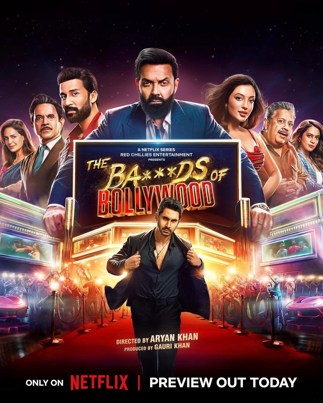 Bads of Bollywood series poster jisme Bollywood ka dark side dikh raha hai, film reels, spotlight aur broken mask ke saath