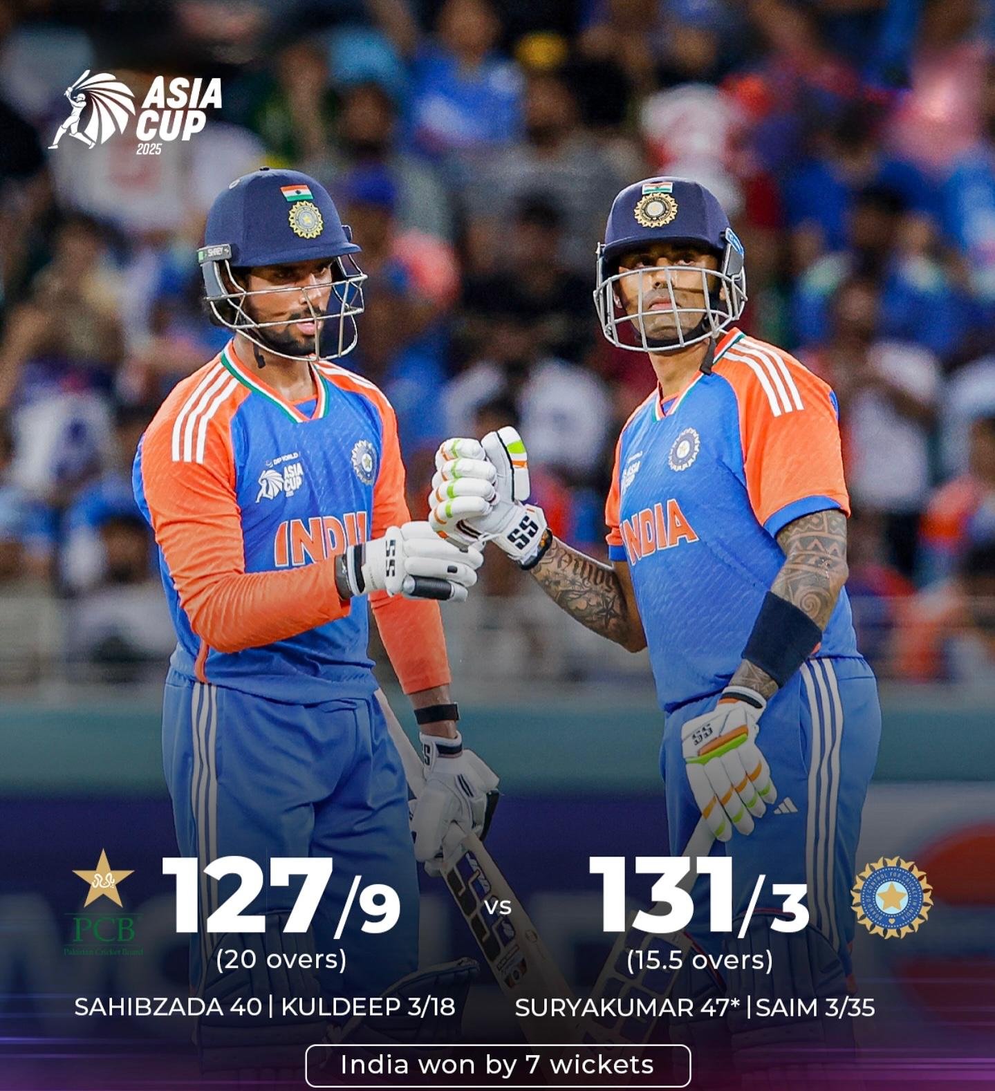 India vs Pakistan Asia Cup 2025 match highlights – India won by 7 wickets in Dubai